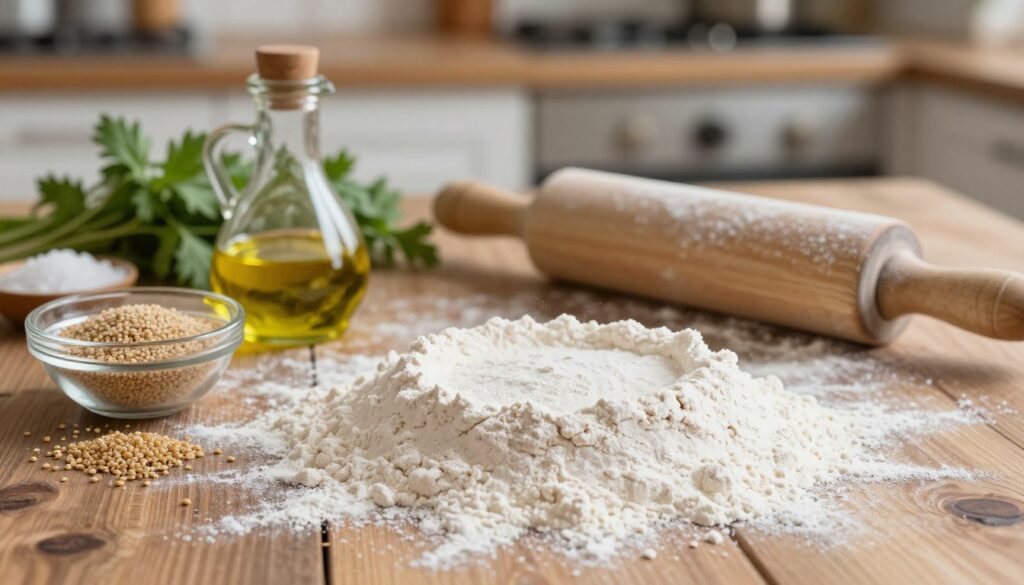 A close-up view of key ingredients for the perfect pizza dough laid out on a rustic wooden table. In the foreground, a mound of flour is strewn artistically, surrounded by fresh ingredients: a small bowl of olive oil, a jar of sea salt, and scattered yeast grains. In the middle, a rolling pin and a wooden board dusted with flour evoke a sense of preparation. The background features a softly lit kitchen with blurred outlines of herbs and spices, creating an inviting atmosphere. Warm, natural lighting highlights the textures of the flour and ingredients, giving a cozy, homey feel. The composition should evoke a sense of culinary artistry and the essence of making traditional pizza dough. A close-up view of key ingredients for the perfect pizza dough laid out on a rustic wooden table. In the foreground, a mound of flour is strewn artistically, surrounded by fresh ingredients: a small bowl of olive oil, a jar of sea salt, and scattered yeast grains. In the middle, a rolling pin and a wooden board dusted with flour evoke a sense of preparation. The background features a softly lit kitchen with blurred outlines of herbs and spices, creating an inviting atmosphere. Warm, natural lighting highlights the textures of the flour and ingredients, giving a cozy, homey feel. The composition should evoke a sense of culinary artistry and the essence of making traditional pizza dough.