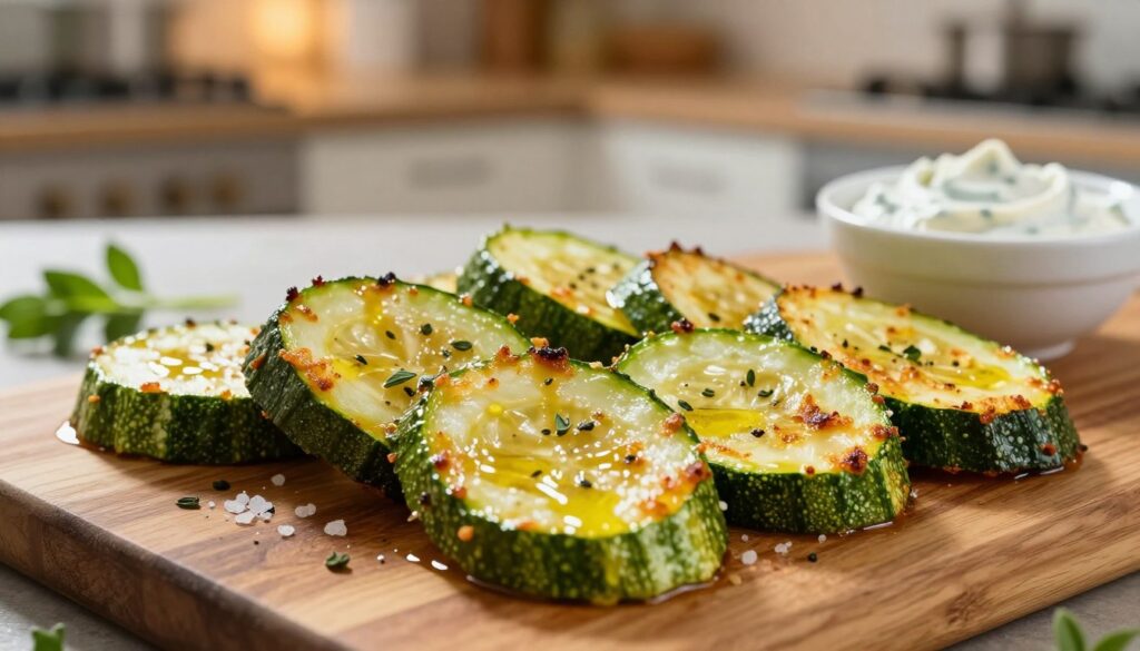 A close-up view of perfectly cooked zucchini slices, showcasing their golden, crispy texture, arranged elegantly on a wooden cutting board. The zucchini should be glistening with a light drizzle of olive oil and sprinkled with sea salt and herbs for added flavor. In the background, a subtle blur of a modern kitchen environment with warm lighting creates a cozy, inviting atmosphere. Soft shadows cast by overhead lights enhance the textural details of the zucchini. A few fresh herbs and a small bowl of dipping sauce, such as garlic aioli or tzatziki, are placed nearby to suggest a delicious accompaniment. The overall mood is one of culinary delight, highlighting the concept of achieving maximum crispiness in a light snack.