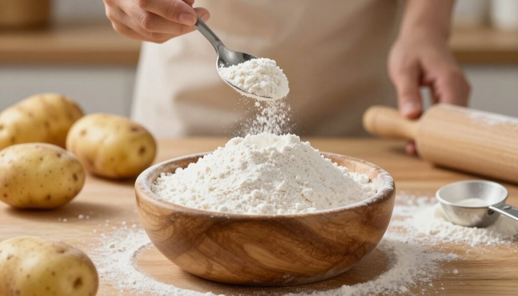 A close-up view of potato starch in a rustic wooden bowl, highlighting its fine, white powdery texture. In the foreground, the bowl is positioned on a wooden kitchen table, surrounded by scattered raw potatoes and a few flour-dusted utensils, such as a rolling pin and measuring spoons. The middle layer features gentle hands measuring the starch with a spoon, skillfully showcasing its use in cooking. The background subtly displays a blurred kitchen setting with warm, inviting lighting, evoking a cozy cooking atmosphere. The overall mood is warm and inviting, emphasizing the home-cooking theme, with the light casting soft shadows that enhance the textures and details of the scene.