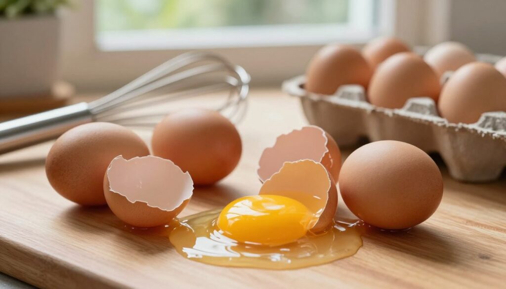 A close-up view of raw eggs in their shells, some cracked open to reveal the bright yellow yolks and translucent egg whites, strategically arranged on a wooden kitchen counter. In the foreground, focus on the vibrant colors and textures of the eggs, showcasing their freshness. The middle ground features kitchen utensils like a whisk and an egg carton, adding context to the raw egg theme. In the background, there's a soft out-of-focus view of greenery from a window, suggesting a homely atmosphere. The lighting is warm and natural, casting gentle shadows and highlighting the smooth surfaces of the eggs. The overall mood is inviting and wholesome, emphasizing the natural and nutritious aspects of consuming raw eggs.