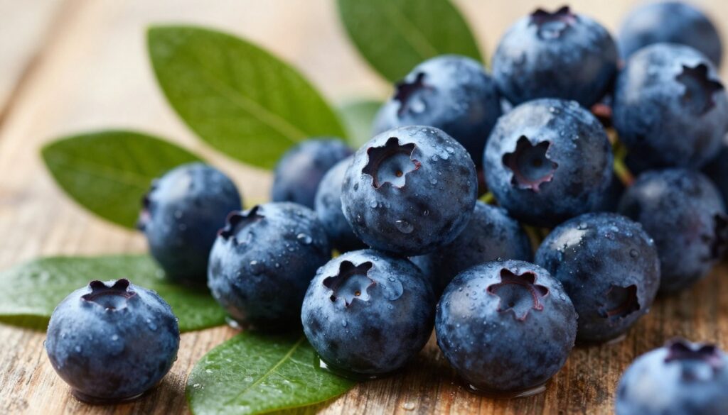 A close-up view of ripe American blueberries, showcasing their deep, vibrant blue hues and slightly glistening skin. The berries are nestled among lush, green leaves, with a few droplets of water to highlight their freshness. In the background, softly blurred, are hints of a rustic wooden surface, suggesting a warm, inviting atmosphere. Natural sunlight filters in, casting a soft glow that enhances the color saturation and showcases the texture of the berries. The composition is framed with a shallow depth of field to focus on the blueberries, evoking a sense of abundance and natural beauty. The overall mood is serene and refreshing, perfect for illustrating the theme of deep color and fruity aroma.