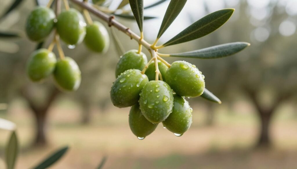 A close-up view of ripe green olives clustered on a branch, showcasing their glossy texture and rich hues under soft natural light. The foreground features a few olives glistening with droplets of dew, capturing their freshness. In the middle ground, the olive branch displays delicate leaves, emphasizing the fruit's organic nature. The background is a softly blurred landscape of an olive grove, with dappled sunlight filtering through the trees, creating a warm, inviting atmosphere. The image should evoke a sense of tranquility and health, highlighting the biological essence of olives as fruits. Use a shallow depth of field for an artistic focus on the olives, suggesting their nutritional value and natural beauty.