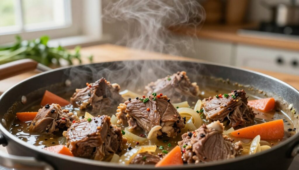 A close-up view of succulent rabbit meat simmering in a rich, aromatic sauce. The juicy and tender pieces of rabbit are nestled in a savory blend of herbs and spices, with vibrant carrots and onions adding color and depth. The foreground reveals steam rising from the pot, creating a warm and inviting atmosphere. In the background, a rustic wooden kitchen table adorned with fresh herbs and spices sets a cozy, home-cooked scene. Soft, natural lighting filters in from a nearby window, casting a gentle glow on the dish. The focus is sharp on the meat, while the background is slightly blurred, emphasizing the flavors and textures of the stew, evoking a sense of comfort and culinary warmth.