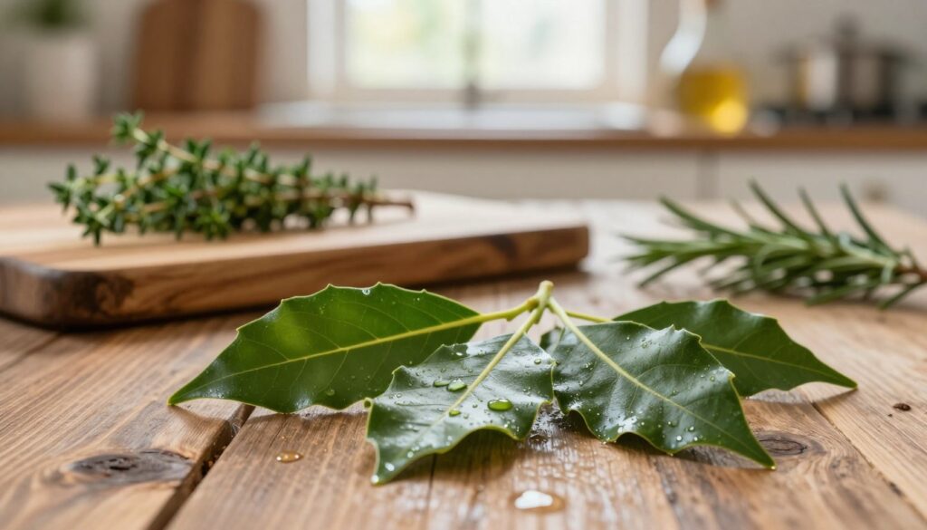 A close-up view of vibrant laurel leaves, their glossy green surfaces glistening under soft, natural light. The foreground features several freshly picked leaves arranged artfully on a rustic wooden table, with droplets of water still clinging to them, suggesting freshness. In the middle ground, a blurred culinary setting with a wooden cutting board and other herbs like thyme and rosemary hints at their complementary role in enhancing flavors. The background remains softly focused, showcasing a warm, inviting kitchen atmosphere with warm sunlight filtering through a window, creating a cozy and aromatic feel. The overall mood is earthy and rustic, celebrating the essence of culinary herbs and their impact on traditional dishes. A close-up view of vibrant laurel leaves, their glossy green surfaces glistening under soft, natural light. The foreground features several freshly picked leaves arranged artfully on a rustic wooden table, with droplets of water still clinging to them, suggesting freshness. In the middle ground, a blurred culinary setting with a wooden cutting board and other herbs like thyme and rosemary hints at their complementary role in enhancing flavors. The background remains softly focused, showcasing a warm, inviting kitchen atmosphere with warm sunlight filtering through a window, creating a cozy and aromatic feel. The overall mood is earthy and rustic, celebrating the essence of culinary herbs and their impact on traditional dishes.