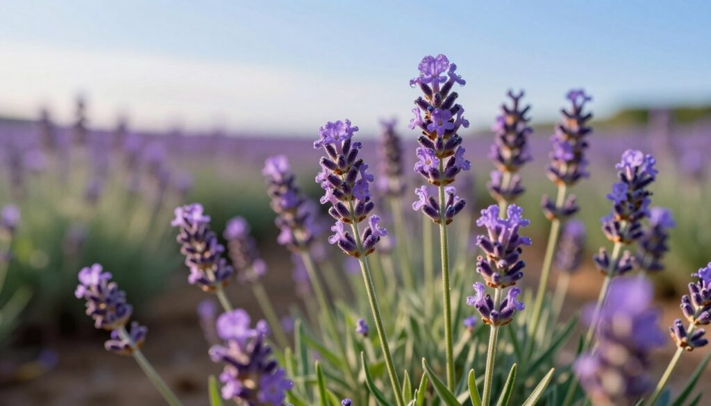 A close-up view of vibrant lavender flowers (kwiaty lawendy) in full bloom, their delicate purple petals contrasting against vivid green leaves. The foreground showcases a cluster of lavender blossoms, droplets of dew glistening on the petals in the soft morning light, creating a refreshing atmosphere. The middle ground features a blurred field of lavender stretching toward the horizon, hinting at the vastness of a lavender farm. In the background, a gentle gradient of a clear blue sky adds depth and tranquility. The image is bathed in warm, soft lighting, evoking a serene and aromatic ambiance perfect for showcasing the essence of lavender. Capture this scene with a slight depth of field, emphasizing the beauty of the flowers in focus while gently blurring the background.
