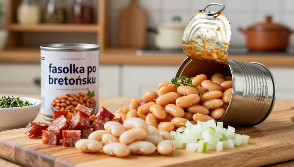 A colorful and appetizing depiction of "fasolka po bretońsku," a traditional Breton bean dish, showcasing a can of beans with a rustic, opened lid resting nearby. In the foreground, focus on neatly arranged ingredients: white beans, diced smoked sausage, and chopped onions, all vibrant and fresh. In the middle, capture a wooden cutting board where some ingredients are partially prepared, with a small bowl of herbs adding color. The background features a cozy kitchen setting with warm lighting, enhancing the inviting atmosphere, with wooden shelves holding spices and cooking pots. Use a shallow depth of field to softly blur the background, keeping the focus on the dish and its ingredients, conveying a sense of home-cooked comfort.