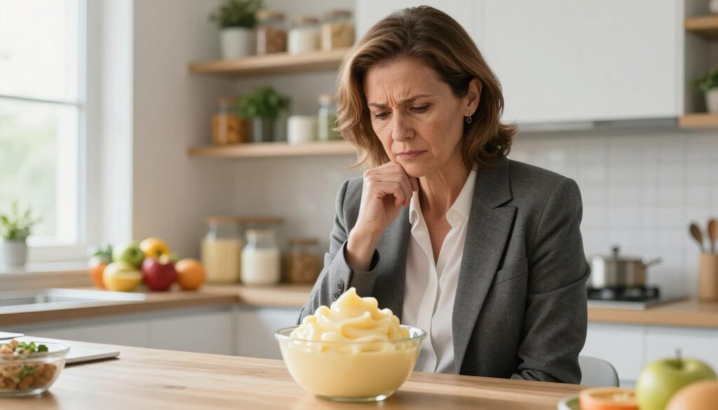 A concerned nutritionist stands in a modern kitchen, thoughtfully examining a bowl of rich, creamy pudding. The foreground features the pudding, with a smooth texture and a glossy sheen, reflecting soft light. The middle ground shows the nutritionist, a middle-aged woman wearing professional business attire, displaying a furrowed brow as she evaluates the dessert. In the background, shelves filled with healthy foods and nutritional charts hint at a balanced diet, while natural light streams in through a window, creating a warm and inviting atmosphere. The overall mood is one of contemplation and professionalism, emphasizing the theme of dietary considerations around pudding consumption.