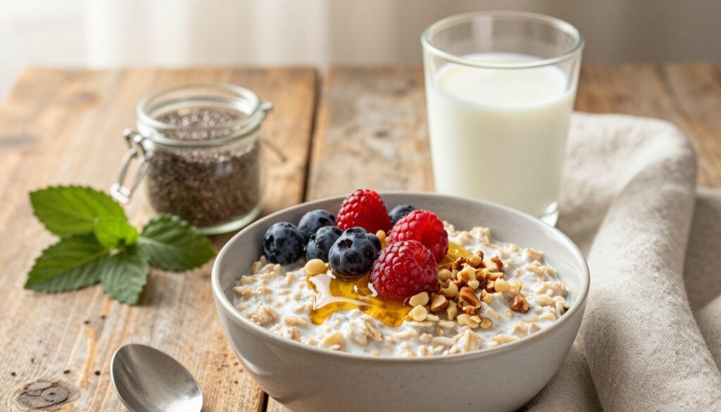 A cozy, inviting scene showcasing "nocna owsianka," a bowl of beautifully layered overnight oats, prominently placed in the foreground. The oats are topped with fresh berries, a drizzle of honey, and a sprinkle of nuts, highlighting vibrant colors and textures. In the middle ground, a rustic wooden table holds a glass of milk and a small jar of chia seeds, suggesting nutritious ingredients. The background features soft, warm lighting that creates a gentle glow, enhancing the serene morning atmosphere. A few green leaves and a delicate linen napkin add to the homey feel. The composition is shot from a slightly elevated angle, allowing the viewer to appreciate the details of the dish, evoking a sense of comfort and wellness. A cozy, inviting scene showcasing "nocna owsianka," a bowl of beautifully layered overnight oats, prominently placed in the foreground. The oats are topped with fresh berries, a drizzle of honey, and a sprinkle of nuts, highlighting vibrant colors and textures. In the middle ground, a rustic wooden table holds a glass of milk and a small jar of chia seeds, suggesting nutritious ingredients. The background features soft, warm lighting that creates a gentle glow, enhancing the serene morning atmosphere. A few green leaves and a delicate linen napkin add to the homey feel. The composition is shot from a slightly elevated angle, allowing the viewer to appreciate the details of the dish, evoking a sense of comfort and wellness.