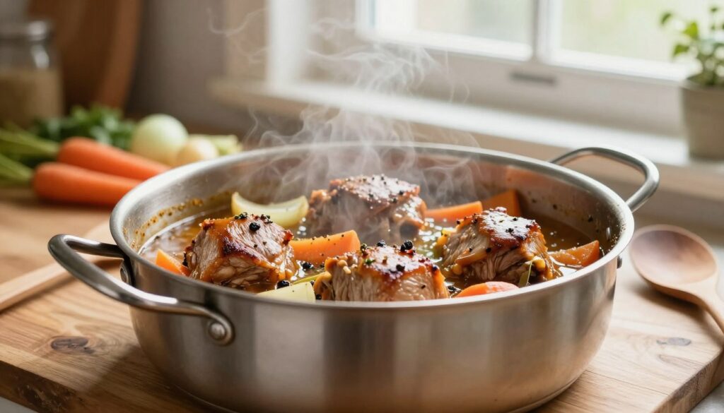 A cozy kitchen scene featuring tender pork tenderloins simmering in their own rich sauce. In the foreground, a stainless steel pot sits on a rustic wooden countertop, filled with golden-brown chunks of tenderloin surrounded by aromatic herbs and spices. Steam rises gently, creating an inviting atmosphere. The middle ground includes vibrant vegetables like carrots and onions peeking through the sauce, glistening with flavors. A wooden spoon rests beside the pot, hinting at a moment of culinary creativity. The background showcases soft, natural light pouring in from a window, illuminating the warm tones of the kitchen. Capture a sense of warmth and home-cooked comfort, emphasizing the tenderness and juiciness of the dish. Use a shallow depth of field to focus on the pot while softly blurring the background elements.