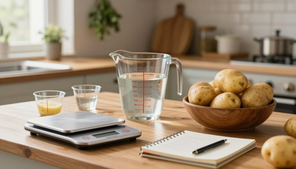 A cozy kitchen scene featuring various methods of measuring potatoes for cooking. In the foreground, a wooden kitchen table is spread with a digital kitchen scale, measuring cups, and a rustic bowl filled with fresh potatoes. In the middle, a measuring jug is filled with water, showing different measurements marked on the side, alongside a small notebook with handwritten notes about potato quantities. The background displays a softly lit kitchen with hanging herbs and window light illuminating the space, creating a warm and inviting atmosphere. The image should evoke a sense of home and culinary preparation, with a focus on the tools used for measuring potatoes. Use soft, natural lighting to create a serene mood.