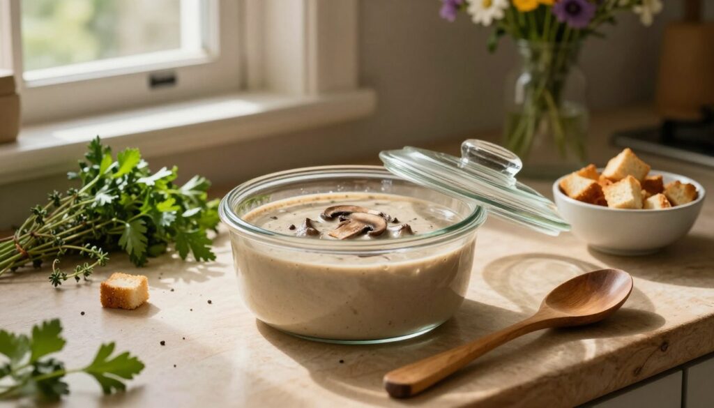 A cozy kitchen scene focusing on a glass container filled with creamy mushroom soup, the lid slightly ajar to reveal its rich texture. In the foreground, an elegant wooden spoon rests next to the container, suggesting readiness for serving. The middle ground features a rustic countertop adorned with fresh herbs, like parsley and thyme, alongside a small bowl of croutons. The background shows soft, warm lighting filtering through a window, casting gentle shadows and creating an inviting atmosphere. A vase with wildflowers adds a touch of color and warmth to the setting. The overall mood is homey and comforting, emphasizing care in storing and reheating delicious homemade soup.