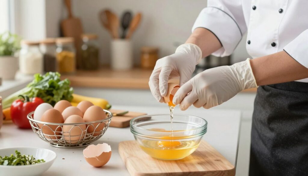 A cozy kitchen scene showcasing safe egg preparation techniques. In the foreground, a professional kitchen countertop with a focus on a chef's hands wearing gloves, gently cracking a fresh egg into a glass bowl. The middle area features a variety of eggs displayed in an attractive basket, and colorful vegetables nearby, indicating a wholesome meal preparation. In the background, soft-focused kitchen shelves with jars of spices and utensils create a warm atmosphere. The lighting is bright and inviting, mimicking natural daylight, to enhance the freshness of the ingredients. The overall mood is cheerful and informative, emphasizing safe culinary practices in a homey setting, perfect for cooking enthusiasts. A cozy kitchen scene showcasing safe egg preparation techniques. In the foreground, a professional kitchen countertop with a focus on a chef's hands wearing gloves, gently cracking a fresh egg into a glass bowl. The middle area features a variety of eggs displayed in an attractive basket, and colorful vegetables nearby, indicating a wholesome meal preparation. In the background, soft-focused kitchen shelves with jars of spices and utensils create a warm atmosphere. The lighting is bright and inviting, mimicking natural daylight, to enhance the freshness of the ingredients. The overall mood is cheerful and informative, emphasizing safe culinary practices in a homey setting, perfect for cooking enthusiasts.