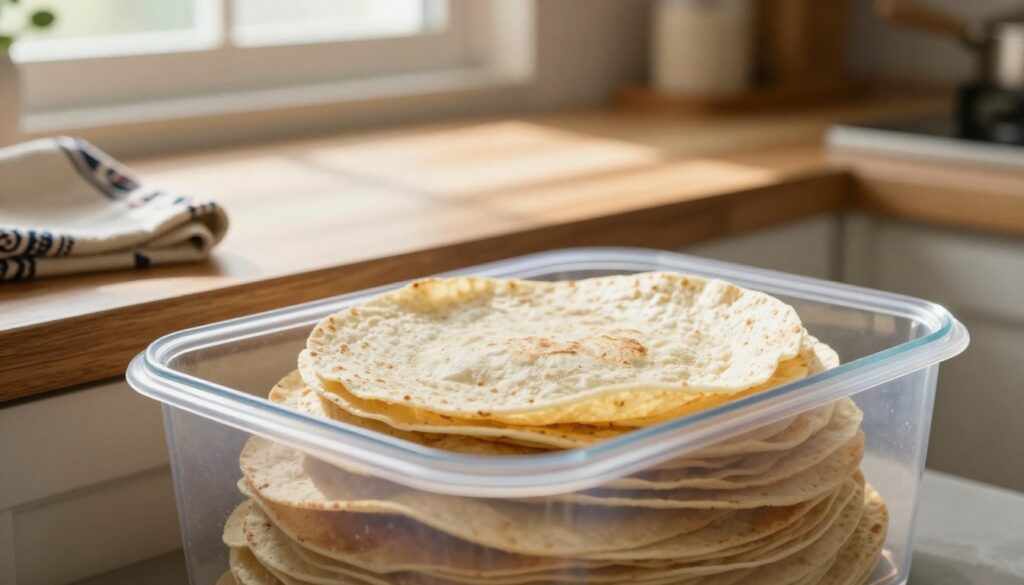 A cozy kitchen scene showcasing the proper storage of opened tortillas. In the foreground, a transparent container filled with neatly stacked tortillas, some slightly overlapping, to demonstrate space-saving. The middle layer features a wooden countertop with a small cloth bag close by, hinting at traditional storage methods. In the background, soft afternoon light filters through a window, casting gentle shadows across the scene. Use a shallow depth of field, focusing on the tortillas, while the kitchen elements fade softly to enhance the subject. The atmosphere is warm and inviting, evoking a sense of home cooking and care for food preservation.