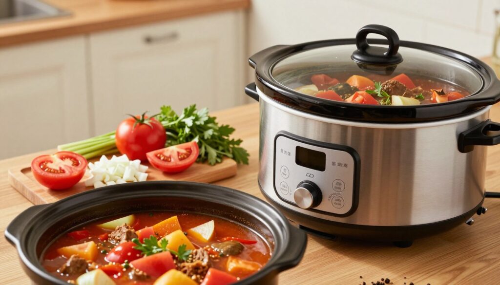 A cozy kitchen setting featuring a modern slow cooker on a wooden countertop, with vegetables and spices neatly arranged nearby. In the foreground, there is a close-up of a simmering stew inside the slow cooker, showcasing rich colors and textures. The middle ground includes fresh ingredients like diced tomatoes, herbs, and chopped onions, inviting a sense of comfort and home-cooked meals. The background contains softly blurred kitchen cabinets and warm lighting, creating an inviting atmosphere. The image is well-lit, emphasizing the vibrant hues of the food. The angle is slightly overhead, suggesting an inviting cooking process while maintaining a clean and organized kitchen aesthetic.