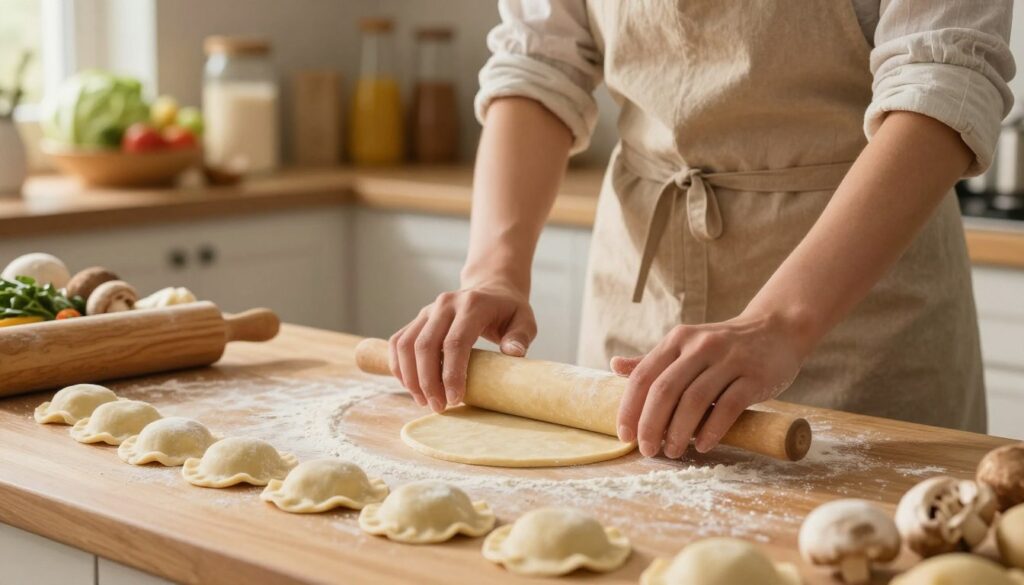 A cozy, warmly-lit kitchen scene showcasing the techniques of rolling and cutting dough for pierogi. In the foreground, a clean wooden countertop with a flour-dusted surface, a rolling pin, and neatly cut dough circles ready for filling. The middle includes a person dressed in a modest, casual apron, demonstrating the rolling technique, their hands skillfully pinching the edges of a dough circle. In the background, soft-focus shelves filled with baking ingredients and colorful ingredients such as cabbage and mushrooms, hinting at the upcoming filling. Golden kitchen lighting enhances the inviting atmosphere, while a shallow depth of field focuses on the action of dough preparation, conveying a sense of warmth and tradition. A cozy, warmly-lit kitchen scene showcasing the techniques of rolling and cutting dough for pierogi. In the foreground, a clean wooden countertop with a flour-dusted surface, a rolling pin, and neatly cut dough circles ready for filling. The middle includes a person dressed in a modest, casual apron, demonstrating the rolling technique, their hands skillfully pinching the edges of a dough circle. In the background, soft-focus shelves filled with baking ingredients and colorful ingredients such as cabbage and mushrooms, hinting at the upcoming filling. Golden kitchen lighting enhances the inviting atmosphere, while a shallow depth of field focuses on the action of dough preparation, conveying a sense of warmth and tradition.