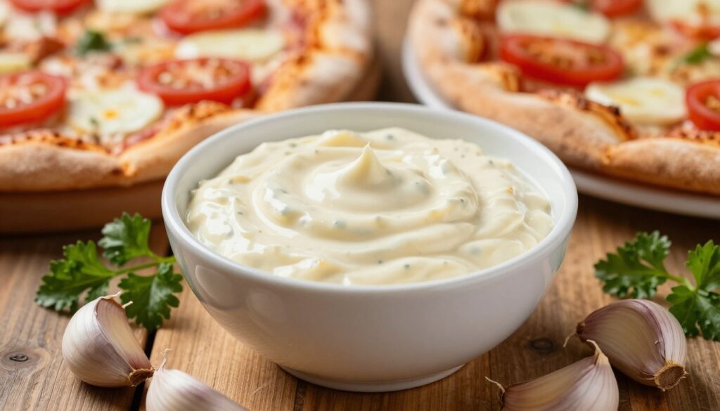 A creamy garlic mayonnaise sauce, rich and velvety, is the central focus of the image, served in a small white bowl with a shiny surface that reflects the warm light. The bowl is placed on a rustic wooden table, surrounded by fresh garlic cloves and sprigs of parsley for garnish, creating a vibrant contrast. In the background, out-of-focus pizza ingredients such as tomatoes, mozzarella, and a freshly baked pizza add depth to the scene. Soft, warm lighting enhances the inviting atmosphere, while a shallow depth of field emphasizes the sauce’s creamy texture. The composition should evoke a sense of flavor and indulgence, making the viewer crave the savory sauce.
