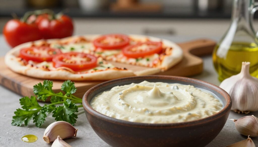 A creamy garlic sauce, beautifully presented in a rustic bowl, sits prominently in the foreground, its smooth texture glistening under warm, ambient lighting. Surrounding the bowl, fresh ingredients like whole garlic cloves, fragrant sprigs of parsley, and a drizzle of olive oil create a vibrant culinary scene. In the middle ground, a wooden cutting board holds sliced ingredients, such as tomatoes and pizza dough, suggesting a pizza preparation theme. The background features a softly blurred kitchen setting, adorned with muted colors and warm tones to evoke a cozy, inviting atmosphere. The angle captures both the sauce and the fresh ingredients, emphasizing the richness and appeal of the garlic sauce, making it the star of this delicious culinary moment.