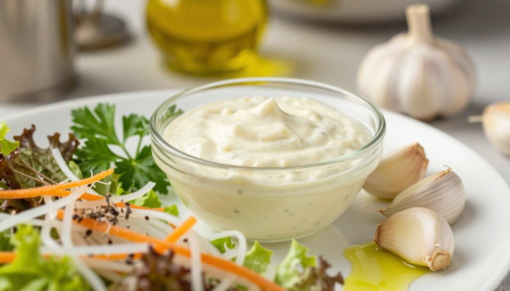 A creamy garlic sauce in a small, elegant glass bowl, surrounded by fresh ingredients like garlic cloves, a sprig of parsley, and a drizzle of olive oil. In the foreground, a beautifully presented salad featuring vibrant colors of shredded surimi, rice noodles, and mixed greens is partially visible. The background consists of a softly blurred kitchen setting with gentle warm lighting, enhancing the inviting and fresh atmosphere. The image is captured from a slightly elevated angle, allowing the details of the sauce and salad to be showcased effectively. The composition is inviting and appetizing, evoking a sense of delicious homemade cooking.