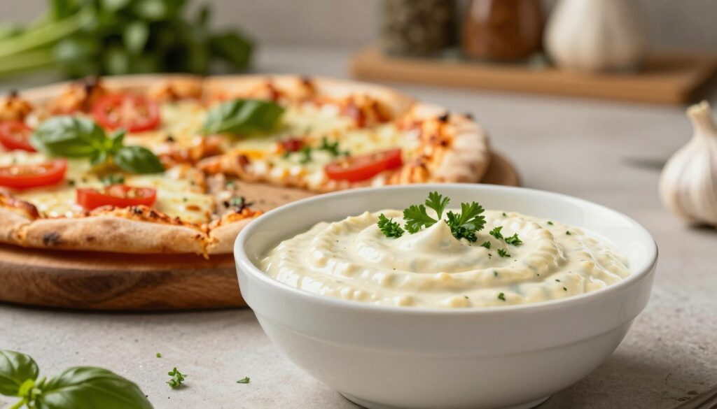 A creamy garlic sauce in a small elegant white bowl, garnished with finely chopped parsley, sits prominently in the foreground. The sauce has a smooth, thick texture that glistens under soft, warm lighting, suggesting its richness. In the middle background, a rustic wooden pizza board displays fresh pizza slices topped with vibrant ingredients like melted cheese, tomatoes, and fresh basil, hinting at the sauce's purpose. Behind the pizza, there is a soft-focus kitchen environment, with hints of herbs and spices artistically arranged on shelves, creating an inviting cooking atmosphere. The overall mood evokes warmth and comfort, indicative of enjoying a homemade meal. The camera angle is slightly elevated to capture all elements harmoniously, focusing on the sauce as the star of this culinary scene.