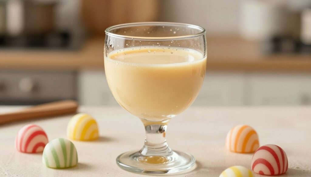 A creamy liqueur inspired by the taste of "kukułki," presented in an elegant glass featuring a smooth, light golden hue, surrounded by a soft, velvety texture. In the foreground, the glass is filled to the brim, reflecting gentle highlights that evoke a feeling of indulgence. Droplets of condensation cling to the outside, hinting at its freshness. In the middle ground, a few scattered kukułki candies add a colorful touch, their signature striped patterns bringing vibrancy to the setup. The background features a blurred kitchen scene bathed in warm, inviting light, enhancing the cozy atmosphere. The focus should be sharp on the liqueur, with a shallow depth of field to create softness around the edges, capturing the essence of home-made desserts and sweet treats. A creamy liqueur inspired by the taste of "kukułki," presented in an elegant glass featuring a smooth, light golden hue, surrounded by a soft, velvety texture. In the foreground, the glass is filled to the brim, reflecting gentle highlights that evoke a feeling of indulgence. Droplets of condensation cling to the outside, hinting at its freshness. In the middle ground, a few scattered kukułki candies add a colorful touch, their signature striped patterns bringing vibrancy to the setup. The background features a blurred kitchen scene bathed in warm, inviting light, enhancing the cozy atmosphere. The focus should be sharp on the liqueur, with a shallow depth of field to create softness around the edges, capturing the essence of home-made desserts and sweet treats.