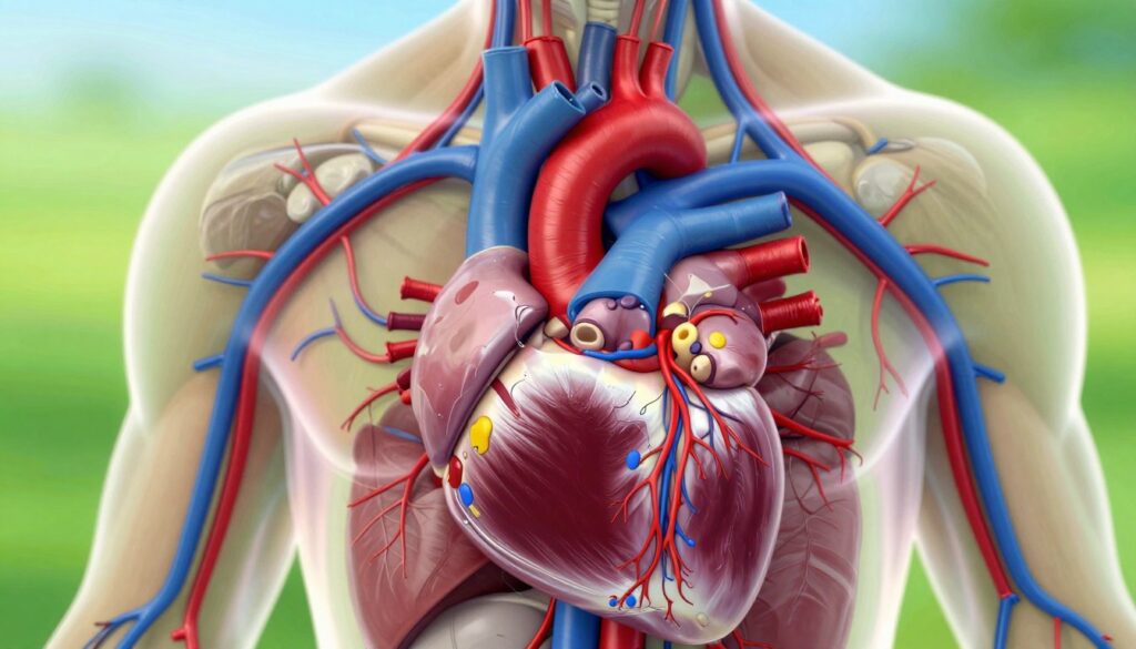 A detailed anatomical illustration of the human cardiovascular system, showcasing the heart, arteries, and veins with vibrant colors and intricate details. In the foreground, highlight the heart's structure, focusing on the aorta and coronary arteries in a deep red and vibrant blue for clarity. The middle layer should display the major arteries and veins connecting to different organ systems, illustrated in a smooth, flowing style. In the background, provide a subtle gradient that suggests a dynamic, healthy environment—like a soft, green landscape symbolizing vitality. The lighting should be bright and natural, enhancing the colors and details, with a slightly angled view to present depth and perspective. The mood should be informative and engaging, aimed at educating the viewer about cardiovascular health and its significance.