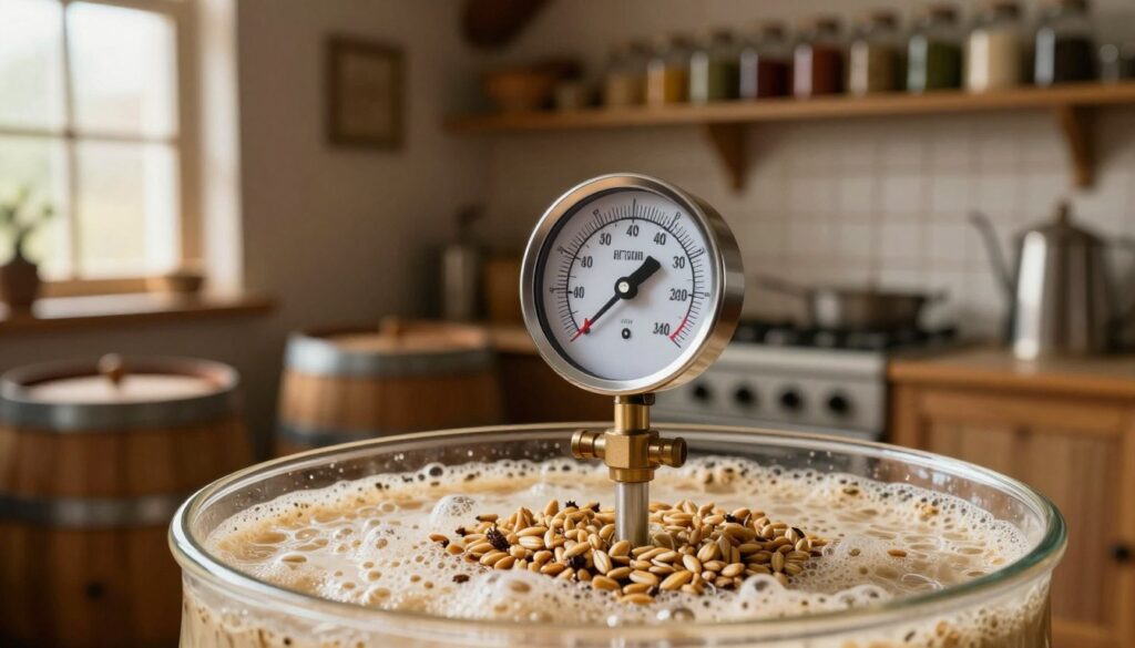 A detailed close-up image of a brewing thermometer placed inside a glass fermentation vessel filled with a bubbling mash. The thermometer displays a critical temperature reading, surrounded by frothy grains and yeast, indicative of the distillation process. In the foreground, emphasize the sleek design of the thermometer and the texture of the mash for tactile realism. In the middle, include elements like wooden barrels and fermentation equipment, softly illuminated by warm sunlight filtering through the workshop window, creating a cozy atmosphere. In the background, a blurred rustic kitchen setting showcases shelves lined with jars of herbs and spices, highlighting the traditional aspect of brewing. The mood conveys warmth, craftsmanship, and the importance of controlling temperature in fermentation.