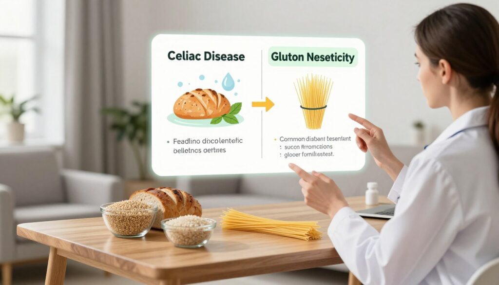 A detailed illustration depicting the differences between celiac disease and gluten sensitivity, set in a clean, medical environment. In the foreground, a professional nutritionist in a white lab coat gestures towards a digital infographic contrasting symptoms and effects associated with celiac disease and gluten sensitivity, using clear diagrams and icons. In the middle, a modern consultation room with soft natural lighting, featuring a wooden table with gluten-free foods, such as quinoa and rice, and regular foods like bread and pasta for comparison. In the background, a calming color palette with neutral tones to convey a reassuring atmosphere, enhancing the educational theme while avoiding clutter. The image should evoke a sense of professionalism and clarity, emphasizing the importance of understanding gluten-related disorders. A detailed illustration depicting the differences between celiac disease and gluten sensitivity, set in a clean, medical environment. In the foreground, a professional nutritionist in a white lab coat gestures towards a digital infographic contrasting symptoms and effects associated with celiac disease and gluten sensitivity, using clear diagrams and icons. In the middle, a modern consultation room with soft natural lighting, featuring a wooden table with gluten-free foods, such as quinoa and rice, and regular foods like bread and pasta for comparison. In the background, a calming color palette with neutral tones to convey a reassuring atmosphere, enhancing the educational theme while avoiding clutter. The image should evoke a sense of professionalism and clarity, emphasizing the importance of understanding gluten-related disorders.
