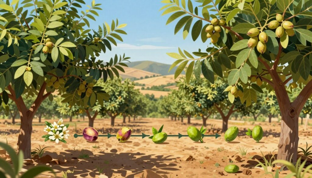 A detailed illustration of the life cycle of pistachios, showcasing various growth stages. In the foreground, vibrant green pistachio trees with glossy leaves, and clusters of mature pistachio nuts in their shells. The middle section features a timeline from blooming flowers to young green nuts, highlighting the transformation in color and size. The background displays a sunlit agricultural landscape with rolling hills and a clear blue sky, emphasizing the arid, warm climate suitable for pistachio cultivation. Soft, natural lighting creates a warm and inviting atmosphere, while a slightly elevated angle captures the depth of the scene, revealing both the intricate detail of the pistachio lifecycle and the expansive orchards. A detailed illustration of the life cycle of pistachios, showcasing various growth stages. In the foreground, vibrant green pistachio trees with glossy leaves, and clusters of mature pistachio nuts in their shells. The middle section features a timeline from blooming flowers to young green nuts, highlighting the transformation in color and size. The background displays a sunlit agricultural landscape with rolling hills and a clear blue sky, emphasizing the arid, warm climate suitable for pistachio cultivation. Soft, natural lighting creates a warm and inviting atmosphere, while a slightly elevated angle captures the depth of the scene, revealing both the intricate detail of the pistachio lifecycle and the expansive orchards.
