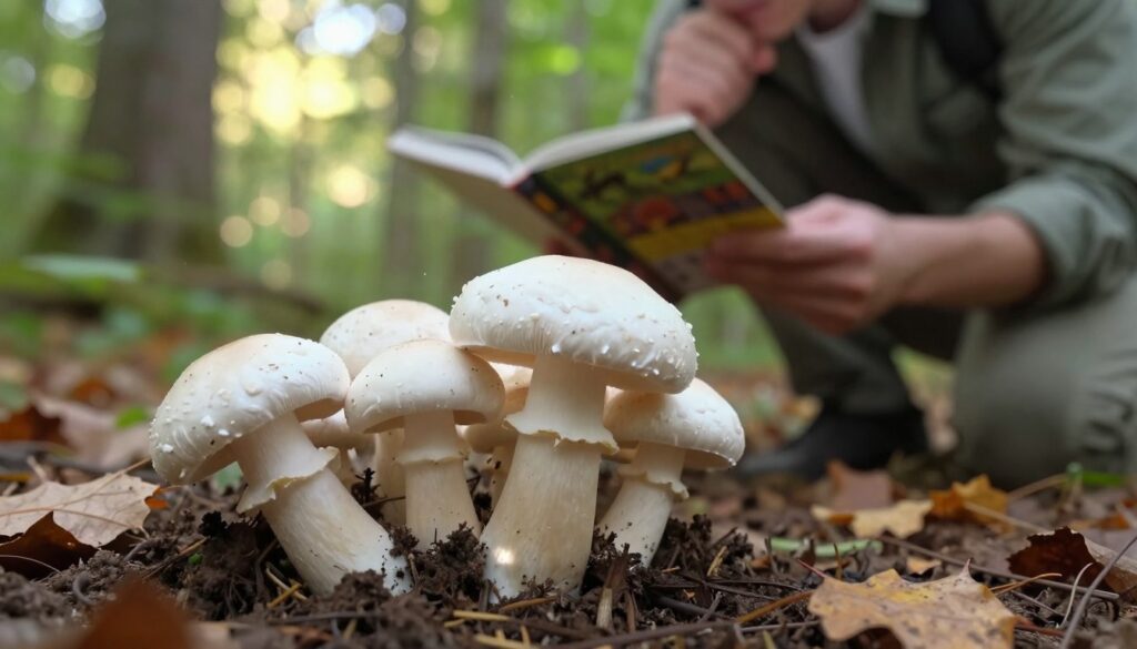 A detailed scene of a natural forest environment showcasing the safe identification of common mushrooms, specifically focusing on the edible white button mushroom (Agaricus bisporus). In the foreground, a close-up of several fresh white mushrooms, with their smooth caps and white stems, resting on rich, dark soil scattered with autumn leaves. In the middle ground, a person wearing casual, modest outdoor attire is carefully inspecting a mushroom with a field guide in hand, looking thoughtful. The background features soft-focus greenery, dappled sunlight filtering through the trees, creating a warm, inviting atmosphere. The lens is set to a slight angle to emphasize depth, with a shallow depth of field to highlight the mushrooms and the person. The mood conveys curiosity and a sense of discovery in nature.