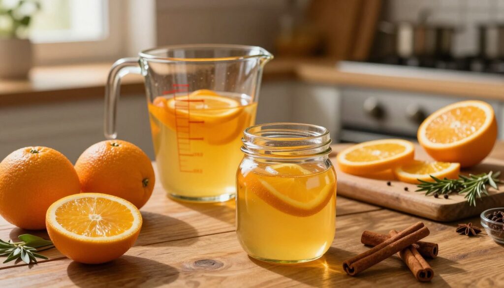 A detailed step-by-step visual guide on making orange liqueur (nalewka pomarańczy) using homemade distillate (bimber). In the foreground, showcase a wooden kitchen table with vibrant, freshly picked oranges, a glass jar filled with clear bimber, and cinnamon sticks. In the middle ground, display a large glass measuring cup, a cutting board with sliced oranges, and various herbs and spices neatly arranged for infusion. The background should feature a warm, rustic kitchen setting, subtly illuminated by soft, golden light filtering through a window, creating a cozy atmosphere. Emphasize the rich colors of oranges and the translucent liquid to highlight the essence of the drink, producing a welcoming and aromatic vibe throughout the scene.