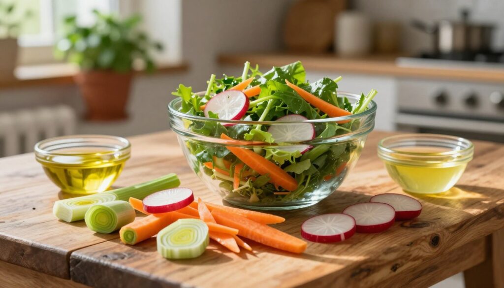 A fresh and colorful serving of "surówka pora," beautifully arranged on a rustic wooden table. In the foreground, vibrant slices of leeks, shredded carrots, and crisp radishes create a visually appealing salad mix. The middle of the image showcases the salad bowl, glassy and reflecting the natural sunlight, highlighting the textures of the fresh greens. Scattered around are small bowls of olive oil and lemon juice, hinting at the dressing, adding a touch of elegance. In the background, a soft-focus kitchen setting with potted herbs and a hint of sunlight filtering through a window, creating a warm, inviting atmosphere. The overall mood is fresh, light, and appetizing, capturing the essence of a delicate and crunchy vegetable salad perfect for any meal.