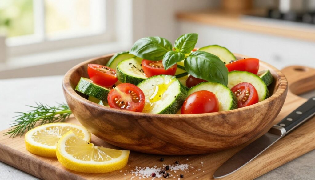A fresh, vibrant zucchini salad served in a rustic wooden bowl, filled with thinly sliced zucchini, bright cherry tomatoes, and fragrant basil leaves. The foreground features a garnish of lemon slices and a drizzle of olive oil. In the middle, a wooden cutting board lightly dusted with sea salt and cracked pepper lies next to the bowl, with a sharp knife and a sprig of dill. The background is softly blurred, hinting at a sunny kitchen setting with softly glowing light filtering through a nearby window, giving a warm and inviting atmosphere. The overall composition is bright, colorful, and appetizing, showcasing the freshness of ingredients and celebrating healthy eating.