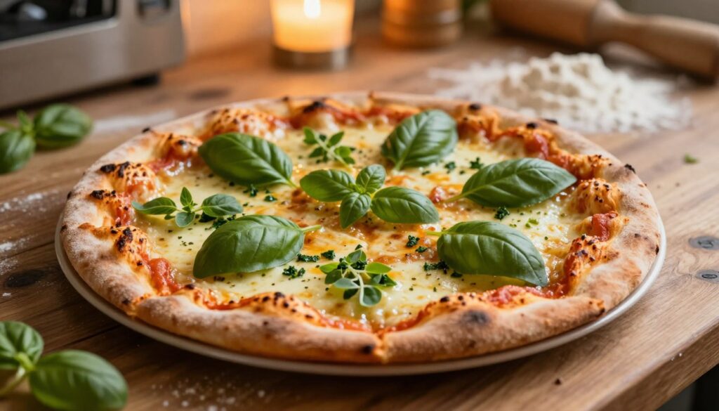 A freshly baked pizza, topped with vibrant green basil and delicate sprigs of oregano, rests on a rustic wooden table. In the foreground, the pizza is slightly glistening with melted cheese, showcasing the aromatic herbs elegantly scattered atop. The middle ground reveals a warm glow from a soft overhead light, enhancing the inviting colors of the toppings. In the background, a blurred kitchen scene suggests a cozy, homey atmosphere with hint of flour and pizza peels. The overall mood is warm and inviting, capturing the essence of culinary delight. The image is shot from a slightly overhead angle, revealing the texture of the crust and the greenery of the herbs, emphasizing the importance of adding fresh ingredients for flavor.