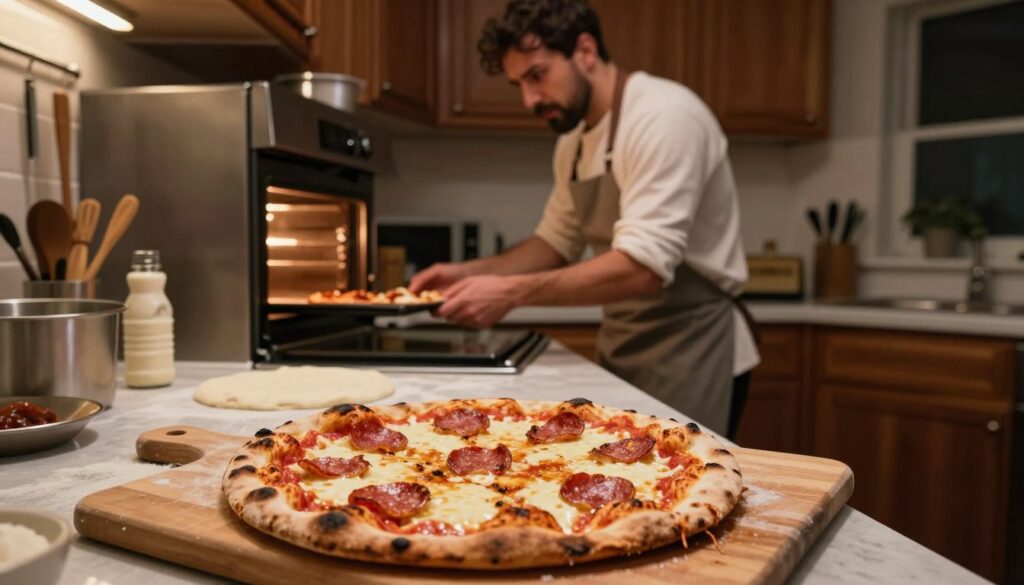 A kitchen scene depicting common mistakes made while baking pizza. In the foreground, a slightly burnt pizza rests on a wooden cutting board, with unevenly distributed toppings like cheese and pepperoni sliding off. The middle ground shows a frustrated home cook, dressed in a casual, modest outfit, standing beside an open oven, with dough mishaps scattered on the countertop, including a too-thick crust. The background features a cozy kitchen with dim, warm lighting, and utensils hanging on the wall. The atmosphere is a blend of warmth and slight chaos, capturing the challenges of perfecting homemade pizza. The lens is focused on the pizza and the cook, emphasizing the details, while the surrounding space gently blurs out for depth.