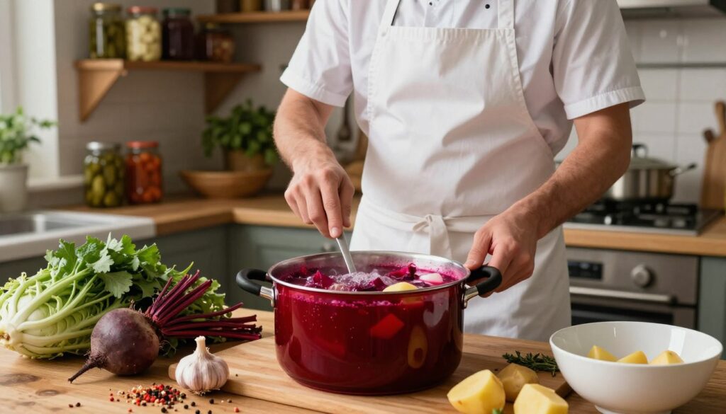 A kitchen scene depicting common mistakes made while cooking Ukrainian borscht. In the foreground, a pot bubbling with a rich red broth, vibrant beets, and chunks of potatoes, surrounded by misplaced ingredients like overripe vegetables and scattered spices. A wooden table is cluttered with a chopping board, bruised garlic, and an empty bowl, hinting at disorganization. The middle ground features a chef in a simple white apron, looking perplexed while attempting to stir the pot, reflecting frustration. In the background, shelves lined with jars of pickles and herbs illuminated by warm, inviting lighting create a homely atmosphere. The overall mood conveys the chaos and learning process of cooking, emphasizing the theme of culinary missteps.