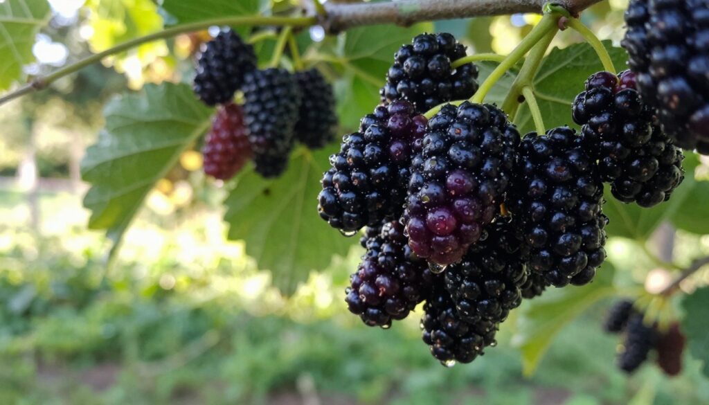 A lush, close-up view of ripe black mulberries clustered on a vine, glistening with morning dew. In the foreground, the berries are richly textured and deeply purple, showcasing their natural sheen and shapes. The middle ground features green leaves, vibrant and healthy, contrasting beautifully with the dark fruit. The background has a softly blurred garden setting, filled with dappled sunlight filtering through the foliage, creating an inviting and warm atmosphere. The image is brightly lit, capturing the essence of a late summer day, with a slight shallow depth of field to emphasize the mulberries while offering a gentle, serene backdrop. The mood is tranquil and wholesome, ideal for illustrating the delights of homemade fruit liqueurs.