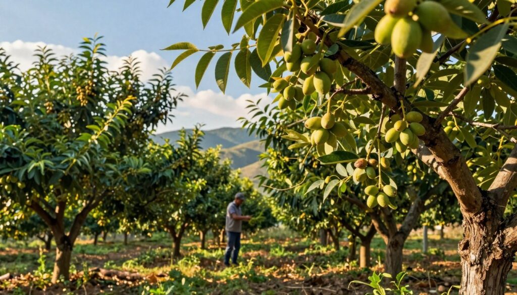 A lush pistachio orchard in full bloom, showcasing rows of mature pistachio trees heavy with green, ripening nuts, set against a clear blue sky. In the foreground, detail the textured bark of the trees and the vibrancy of the leaves, illuminated by warm, golden sunlight filtering through the branches. The middle ground features a farm worker in modest casual clothing, carefully inspecting the pistachio trees, emphasizing the meticulous nature of the cultivation process. In the background, rolling hills create a serene landscape, dotted with clouds, to convey the long, nurturing cycle of growing pistachios. Capture a warm, peaceful atmosphere, highlighting the dedication and patience required for this agricultural endeavor. Use a soft focus lens to provide a dreamy, inviting quality to the scene.