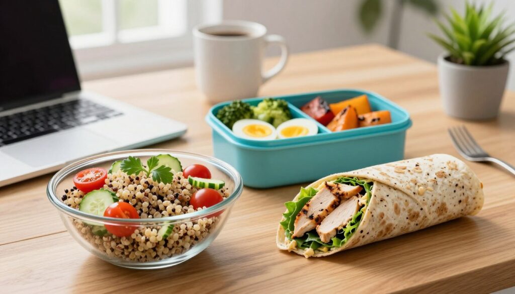 A neatly arranged workspace featuring a wooden desk adorned with a variety of savory meals suitable for work. In the foreground, showcase a vibrant quinoa salad with cherry tomatoes, cucumber, and herbs in a clear, elegant bowl. Next to it, a whole-grain wrap stuffed with grilled chicken, fresh greens, and hummus, elegantly cut in half to reveal its filling. Include a colorful bento box filled with assorted roasted vegetables and a hard-boiled egg. The background features a softly blurred office setting with a laptop, a coffee mug, and a small plant, creating a professional yet inviting atmosphere. Bright, natural lighting pours in from a nearby window, enhancing the freshness of the meal. The overall mood is wholesome, nutritious, and conducive to productivity.
