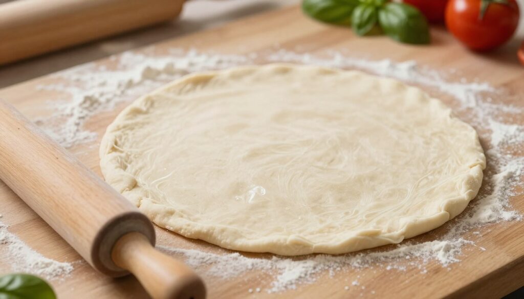 A perfectly rolled pizza dough on a wooden surface, showcasing its thin, even texture and elasticity. In the foreground, a well-used wooden rolling pin rests beside the dough, with flour lightly dusted across the scene, hinting at the process of working with the dough. In the middle ground, the dough is stretched out in a round shape, glistening slightly under soft, natural light that highlights its smooth surface. The background features a blurred kitchen setting with subtle hints of fresh ingredients, such as tomatoes and basil, creating a warm, inviting atmosphere. The angle is overhead, providing a clear view of the dough's details, emphasizing the skillful technique of rolling pizza dough.