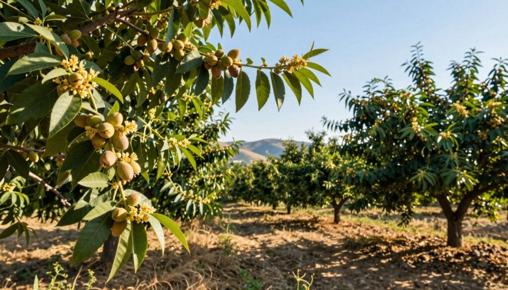 A picturesque landscape showcasing the habitat of pistachio trees, with lush, green foliage featuring clusters of pistachios ready for harvest. In the foreground, a close-up view of a single pistachio branch, highlighting its leaves and blooming flowers. The middle ground reveals rows of pistachio trees stretching across a sun-drenched orchard, marked by gentle undulations of the land, casting soft shadows. In the background, distant hills and a clear blue sky create a serene atmosphere. Soft, warm sunlight filters through the leaves, illuminating the scene and enhancing the vibrant colors, evoking a sense of warmth and agriculture's abundance. The angle is slightly low to give depth and a sense of immersion in this rich and demanding environment. A picturesque landscape showcasing the habitat of pistachio trees, with lush, green foliage featuring clusters of pistachios ready for harvest. In the foreground, a close-up view of a single pistachio branch, highlighting its leaves and blooming flowers. The middle ground reveals rows of pistachio trees stretching across a sun-drenched orchard, marked by gentle undulations of the land, casting soft shadows. In the background, distant hills and a clear blue sky create a serene atmosphere. Soft, warm sunlight filters through the leaves, illuminating the scene and enhancing the vibrant colors, evoking a sense of warmth and agriculture's abundance. The angle is slightly low to give depth and a sense of immersion in this rich and demanding environment.