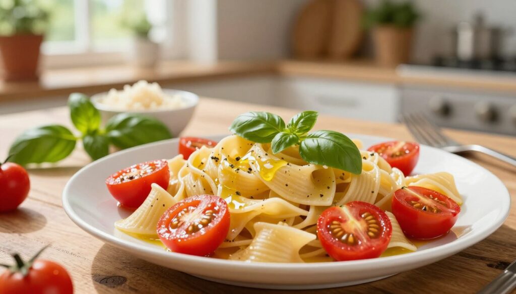 A plate of freshly cooked pasta with vibrant cherry tomatoes glistening in the sunlight, garnished with a sprinkle of basil and a drizzle of olive oil. In the foreground, the pasta is artfully arranged, with the tomatoes vibrant red and juicy, some halved to reveal their seed-filled interior. The middle ground includes a rustic wooden table, with a small bowl of grated Parmesan cheese and a sprig of basil for added freshness. The background is softly blurred, showing a cozy kitchen setting with potted herbs and a warm glow from a window. The lighting is natural and bright, creating a lively and inviting atmosphere, evoking a sense of a healthy, delicious meal ready to enjoy.