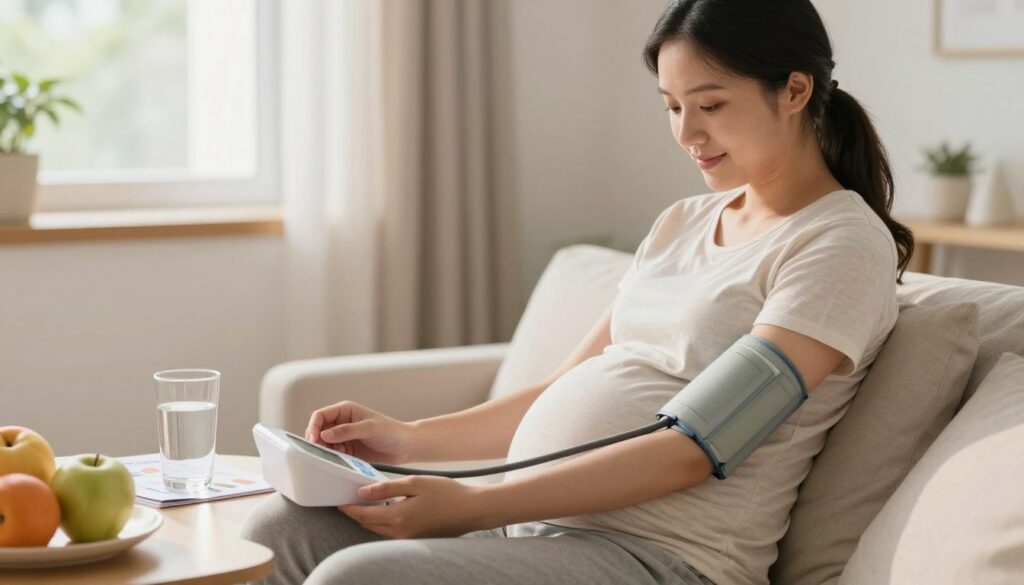 A pregnant woman sitting comfortably in a serene, softly-lit room, engaged in monitoring her blood pressure with a digital cuff around her arm. She is dressed in modest, casual clothing that emphasizes her pregnancy. Surrounding her are elements that symbolize health and well-being, such as a glass of water, fresh fruits, and informative health brochures. In the background, a window with natural light filtering in, casting a warm glow, enhances the calm atmosphere. The focus should be on the woman's peaceful expression, reflecting a sense of care and attention to her health during pregnancy. The image should convey feelings of tranquility and wellness, illustrating the importance of maintaining proper circulation during this crucial time.