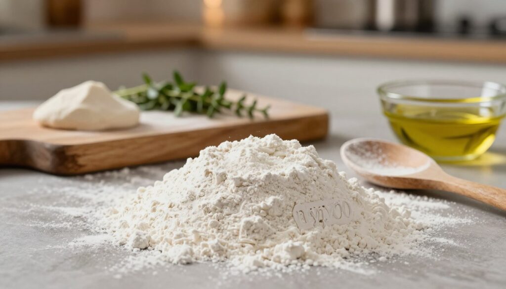 A refined and textured pile of "mąka typu 00" flour sits prominently in the foreground, showcasing its fine white consistency and slight sheen. A wooden spoon rests beside it, with some flour gently dusted on the surface, suggesting recent use. In the middle ground, a rustic wooden board displays various ingredients like fresh yeast, a scattering of herbs, and a small bowl of olive oil, hinting at their role in crafting pizza dough. The background features a softly blurred kitchen setting with warm, ambient lighting, highlighting cozy culinary vibes. The image captures the essence of artisanal cooking, evoking a sense of authenticity and warmth, perfect for a home pizza-making endeavor. A shallow depth of field emphasizes the flour while creating a gentle bokeh effect in the background.