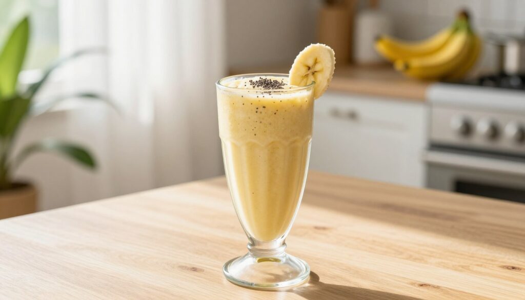 A refreshing bananowy smoothie in a tall glass, sitting on a light wooden table. The creamy, velvety texture of the smoothie is enhanced by a sprinkle of chia seeds and a slice of banana artfully placed on the rim. In the background, a tropical kitchen environment with soft, natural sunlight filtering through sheer curtains, casting gentle shadows. There are fresh bananas and a green plant partially visible on the countertop. The atmosphere feels bright and inviting, perfect for a morning drink. Capture this scene with a slight overhead angle, emphasizing the smoothie’s rich yellow color and creamy consistency. Use soft focus to create a warm, inviting mood that conveys health and vitality.