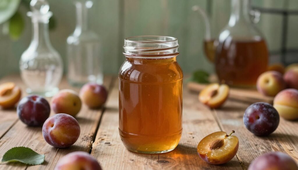A rich, amber-colored jar of homemade nalewka śliwkowa (plum liqueur) sits elegantly in the foreground, glistening under soft, diffused natural light. The jar is surrounded by fresh, ripe plums scattered on a rustic wooden table, some sliced open to reveal their juicy insides, enhancing the homely feel of the scene. In the middle background, a blurred kitchen setting shows antique glassware and brewing tools, hinting at the artisanal process. Gentle green and brown tones dominate the atmosphere, evoking warmth and comfort. Subtle shadows create depth, while a soft focus lens effect adds a dreamy quality. This composition encapsulates the essence of traditional home-brewed plum liqueur, inviting viewers to appreciate its classic, nostalgic flavor.