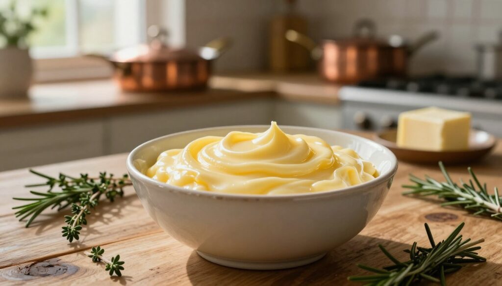 A rich, creamy bowl of klarowane butter (clarified butter) sits elegantly in the foreground, its smooth, golden texture glistening under a soft, warm light. Surrounding the bowl, a rustic wooden table is adorned with scattered fresh herbs such as thyme and rosemary, hinting at its culinary uses. In the background, out of focus, a charming kitchen setting unfolds, featuring copper pans and fresh ingredients, creating an inviting atmosphere. The natural light filters through a nearby window, casting gentle shadows that enhance the warmth of the image. The scene conveys a sense of homely comfort and culinary delight, evoking the essential differences between clarified butter and regular butter while highlighting its appealing characteristics.