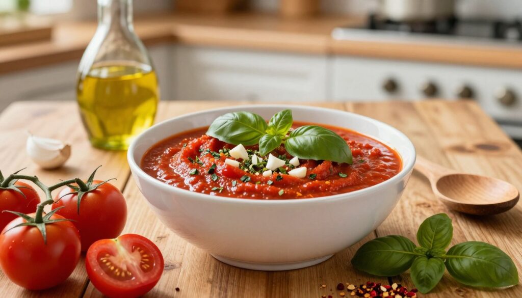 A rich, vibrant bowl of "sos pomidorowy," a flavorful tomato sauce, sits on a rustic wooden kitchen table. The sauce is thick and glossy, infused with aromatic herbs like basil and oregano, adorned with fresh, chopped garlic. A few ripe tomatoes, some basil leaves, and a sprinkle of crushed red pepper flakes create a colorful arrangement in the foreground. In the middle ground, a wooden spoon rests beside the bowl, while a glass jar filled with olive oil catches the light, highlighting its golden hue. In the softly blurred background, a sunlit kitchen setting with traditional cookware and a hint of a warm, inviting ambiance enhances the cozy, homely feel. The scene is softly illuminated with natural light, achieving a warm and inviting atmosphere perfect for showcasing culinary passion. A rich, vibrant bowl of "sos pomidorowy," a flavorful tomato sauce, sits on a rustic wooden kitchen table. The sauce is thick and glossy, infused with aromatic herbs like basil and oregano, adorned with fresh, chopped garlic. A few ripe tomatoes, some basil leaves, and a sprinkle of crushed red pepper flakes create a colorful arrangement in the foreground. In the middle ground, a wooden spoon rests beside the bowl, while a glass jar filled with olive oil catches the light, highlighting its golden hue. In the softly blurred background, a sunlit kitchen setting with traditional cookware and a hint of a warm, inviting ambiance enhances the cozy, homely feel. The scene is softly illuminated with natural light, achieving a warm and inviting atmosphere perfect for showcasing culinary passion.