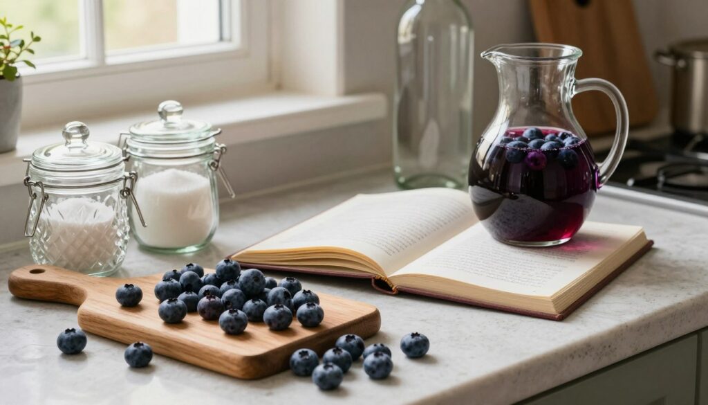 A rustic kitchen countertop adorned with fresh blueberries, elegantly arranged alongside essential ingredients for making blueberry liqueur, including crystal-clear glass jars, sugar, and vodka. In the foreground, a wooden cutting board with a vibrant bunch of blueberries spilling out, reflecting the rich, deep blue color of the fruit. The middle ground features an open recipe book with hand-written notes, and an elegant glass pitcher filled with a freshly prepared blueberry infusion, showcasing the vibrant color. In the background, soft, warm lighting from a nearby window casts a gentle glow, creating a cozy and inviting atmosphere. The overall mood is serene and homely, emphasizing the crafting process of a delightful, homemade blueberry liqueur.