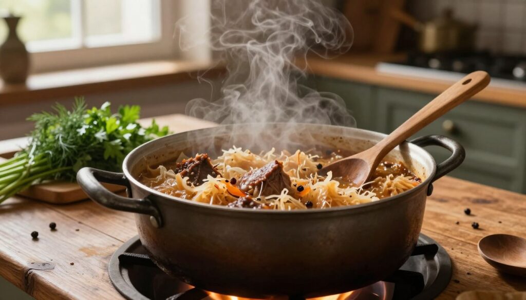 A rustic kitchen scene capturing a pot of bigos simmering slowly over a small flame. In the foreground, the pot is filled with a rich medley of sauerkraut, meats, and spices, steam rising gently from the surface, creating a warm and inviting atmosphere. The middle ground features a wooden table adorned with fresh herbs like dill and parsley, alongside a wooden spoon resting against the pot. In the background, soft, diffused light streams in through a window, illuminating the warm hues of the cookware and surrounding kitchen elements. The mood is cozy and nostalgic, perfect for conveying the essence of slowly cooked meals that deepen in flavor over time. Focus on the textures of the food and the warm lighting to evoke a sense of comfort and tradition.