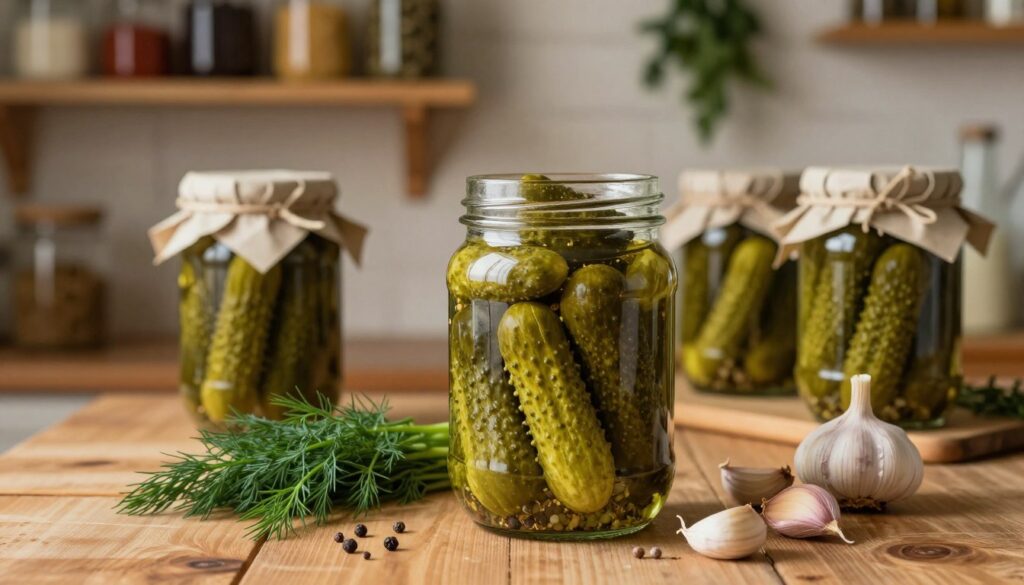 A rustic kitchen scene featuring a glass jar filled with vibrant, crunchy kiszone ogórki (pickled cucumbers) sitting prominently on a wooden table. In the foreground, the jar is surrounded by fresh ingredients like dill, garlic cloves, and whole peppercorns, emphasizing the natural colors and textures. In the middle ground, you can see additional jars lined up, each showcasing a different layer of cucumbers and spices, all illuminated by soft, warm lighting that creates an inviting atmosphere. The background features shelves filled with spices and herbs, enhancing the homely feel of the setting, while the soft focus gives depth to the scene. The mood is cozy and nostalgic, evoking memories of traditional food preparation and family gatherings.